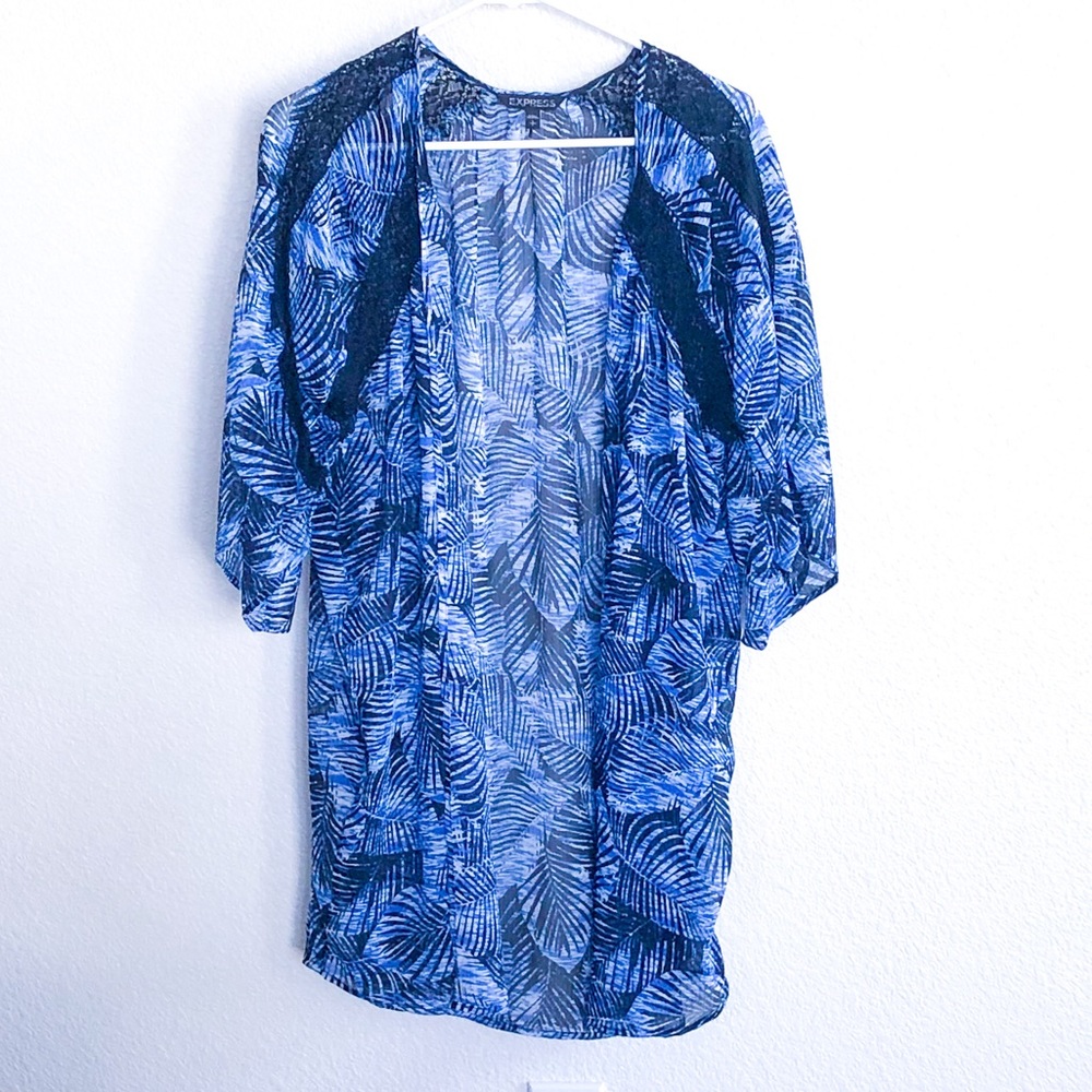 Express Kimono Black Blue Lace Trim - Picture 3 of 8